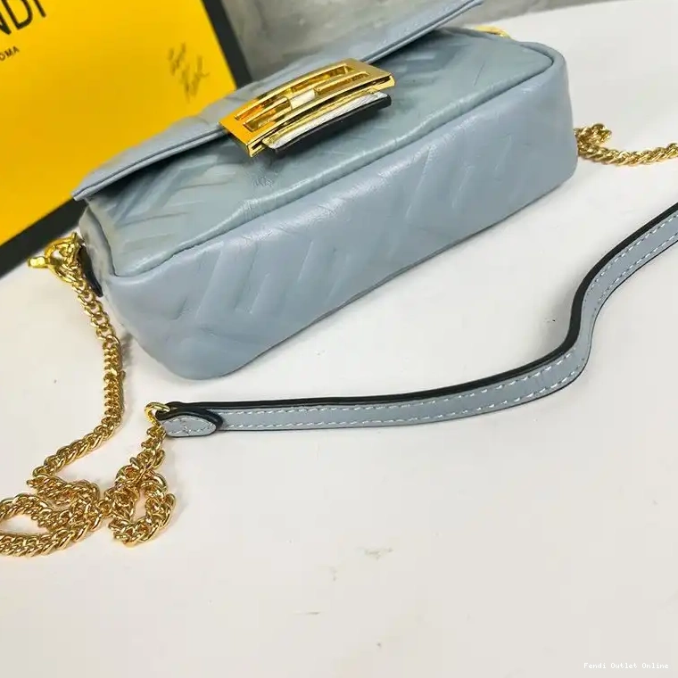Cheap Baguette Fendi FF Leather Motif Blue Sky Nappa Bag In Mini 0531
